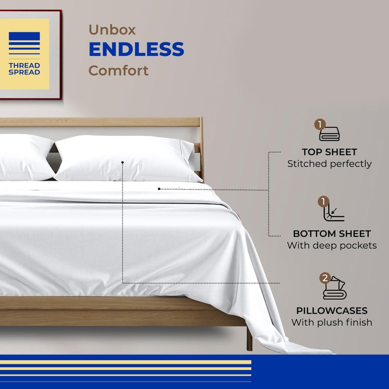 THREAD SPREAD 100% قطن مصري نقي بحجم كاليفورنيا كينغ - 800 عدد خيوط 4 قطع ملاءات فاخرة بيضاء بحجم كال كينغ، جيب عميق 16 بوصة ملاءات فندقية، نسج ساتين، ناعمة جداً وباردة - Image 3